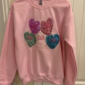 Pink Crew Neck Sweater with Glittery/ Sequins Heart Design